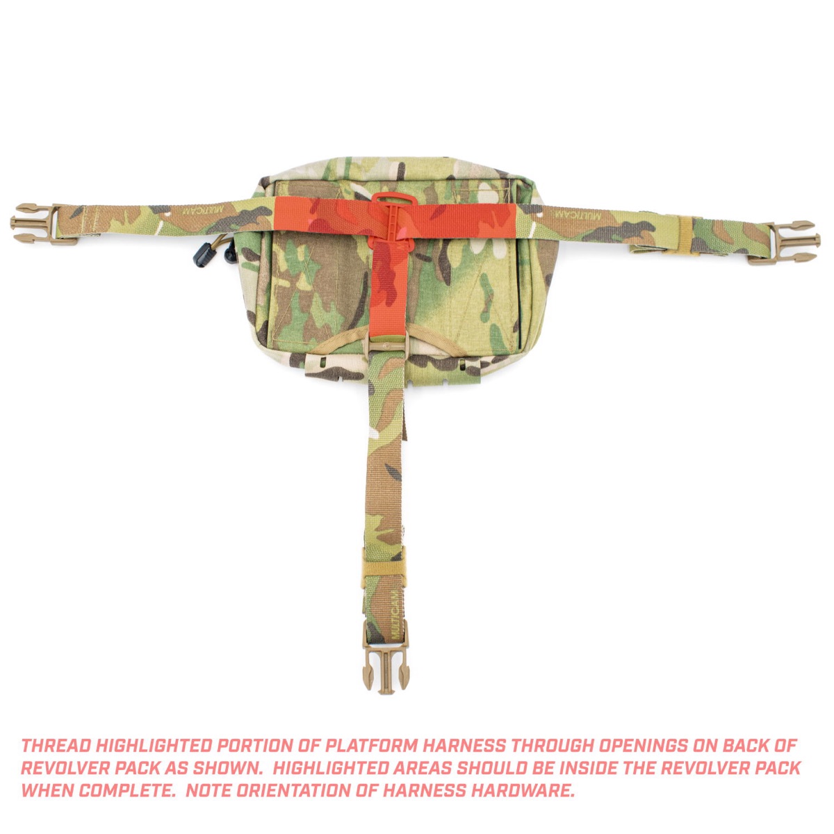 Back of the INVRT Revolver Pack with the platform harness strap routing highlighted in red