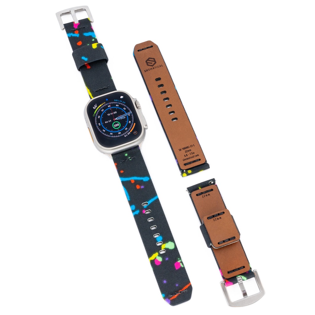 Stratum Cordura & Leather Watchband - Retro Splatter (18mm, Standard - 6.0" - 7.5" wrist, Tang - PVD Black)