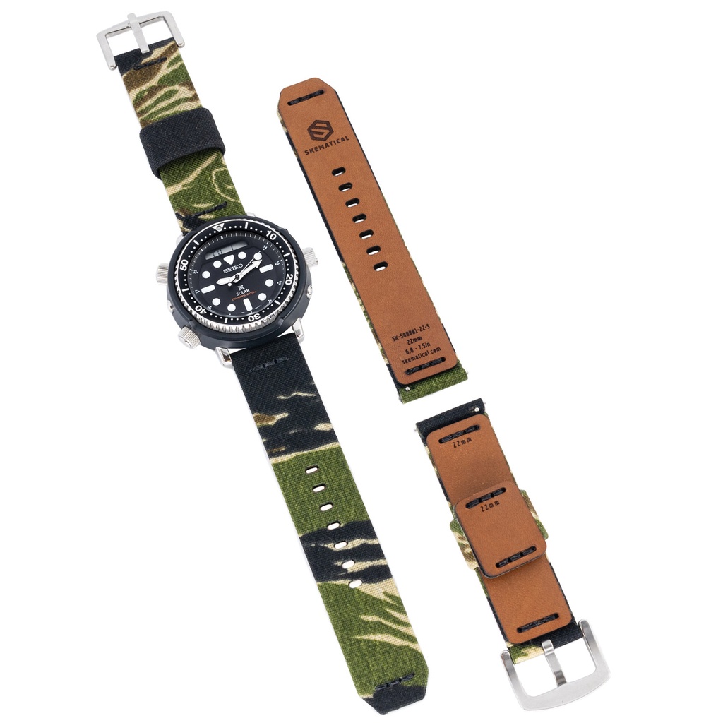 Stratum Cordura & Leather Watchband - Tiger Stripe (18mm, Standard - 6.0" - 7.5" wrist, Tang - PVD Black)