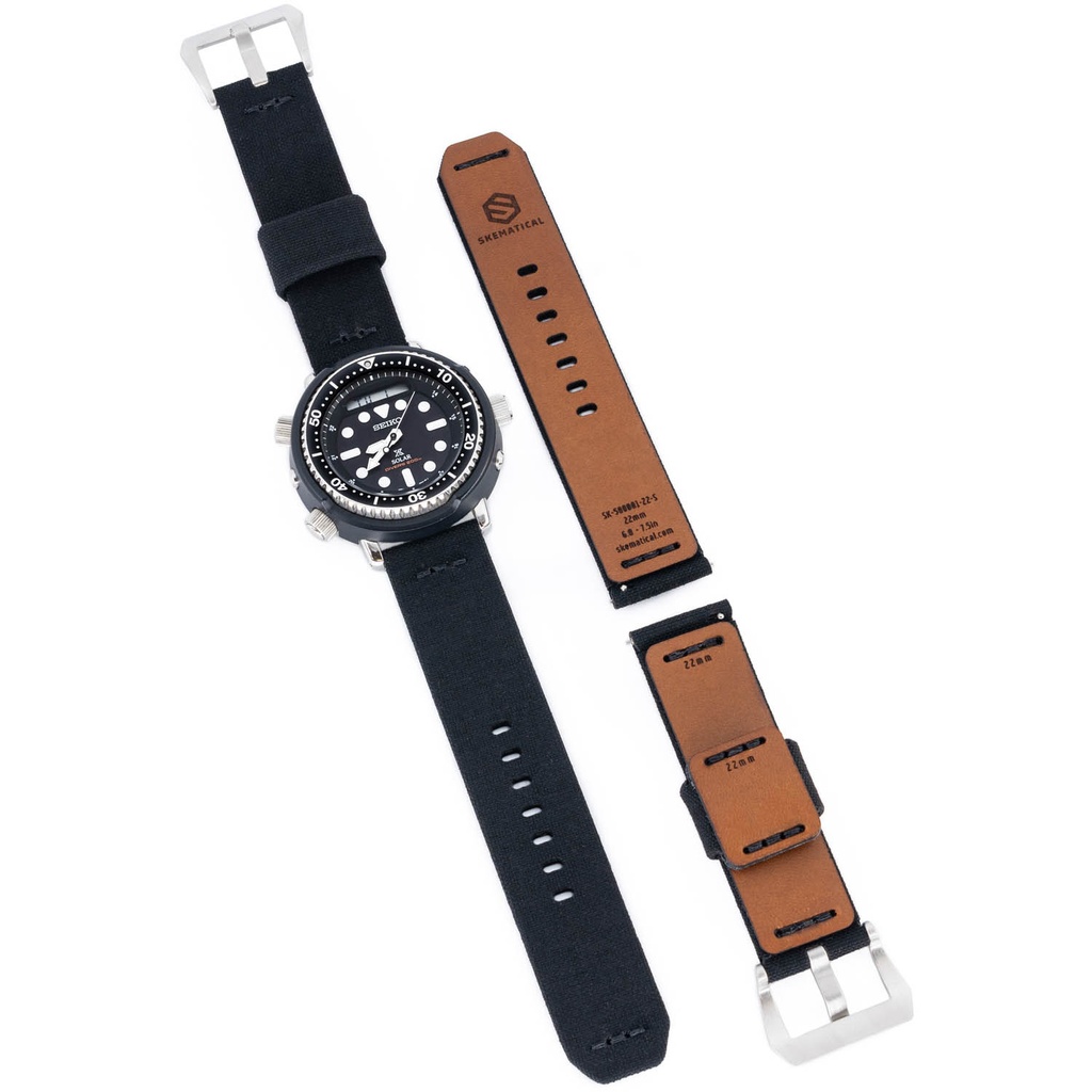 Stratum Cordura & Leather Watchband - Black (18mm, Standard - 6.0" - 7.5" wrist, Tang - PVD Black)