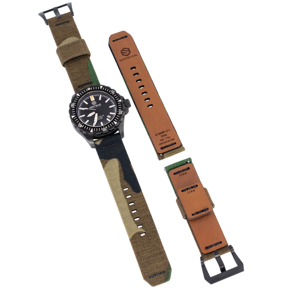 Stratum Cordura & Leather Watchband - Woodland (18mm, Standard - 6.0" - 7.5" wrist, Tang - PVD Black)
