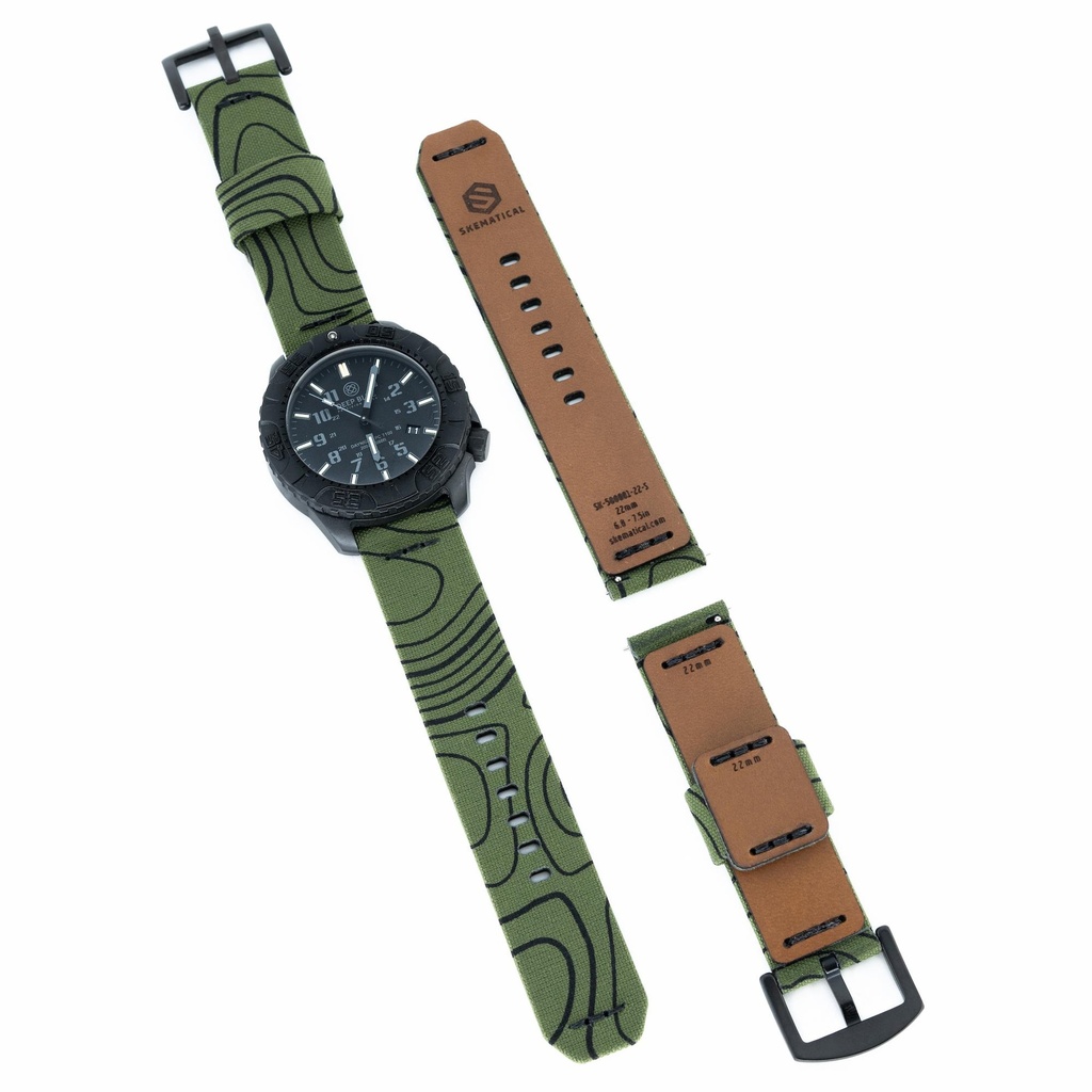 Stratum Cordura & Leather Watchband - Topo Green Camo (18mm, Standard - 6.0" - 7.5" wrist, Tang - PVD Black)