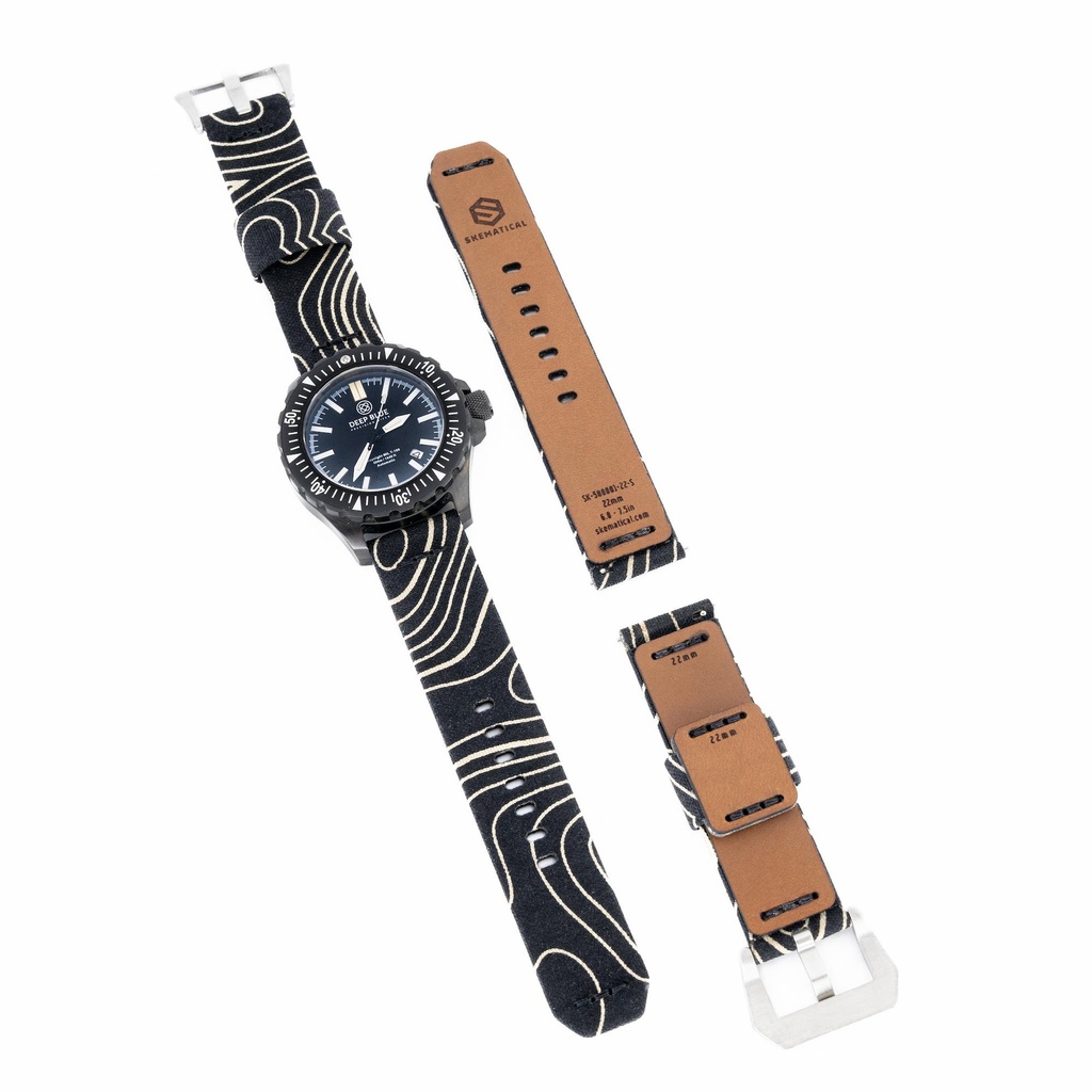 Stratum Cordura & Leather Watchband - Topo Black Camo (18mm, Standard - 6.0" - 7.5" wrist, Tang - PVD Black)
